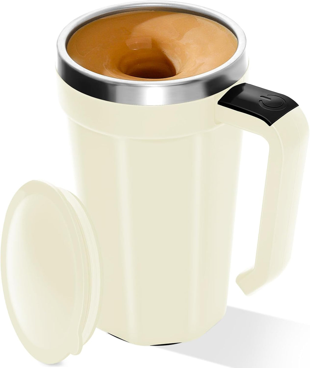 Self Stirring Coffee Mug with Temperature Display, 15oz Automatic Magnetic Mixing Cup, Rechargeable Travel Mug for Coffee, Milk, Cocoa - (White)