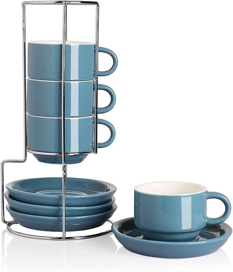 Sweejar Porcelain Espresso Cups with Saucers, 4 Ounce Stackable Cappuccino Cups with Metal Stand for Coffee Drinks, Latte, Tea - Set of 4 (Fog blue)
