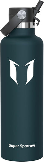 Super Sparrow Insulated Water Bottle - 17 Oz / 25 Oz / 32 Oz - Standard Mouth FlipFlow Flask - BPA Free, Leak Proof Drink Bottle- Ergonomic Straw Water Bottles for Work, Gym, Travel, Sports