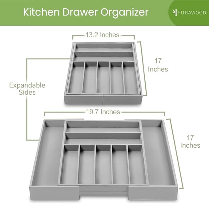 Purawood Bamboo Drawer Organizer - Expandable Silverware Organizer & Utensil Organizer, Cutlery Tray with Dividers, 7-9 Slots - Premium Kitchen Drawer Organizer for Utensils & Flatware (Grey)