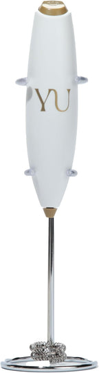 Yu Tea Handheld Electric Milk Frother with Stand | Dual Whisk Frother for Matcha, Sencha, Hojicha, Genmaicha Powder | Quick Mix for Lattes, Smoothies & Baking | AA Batteries Required
