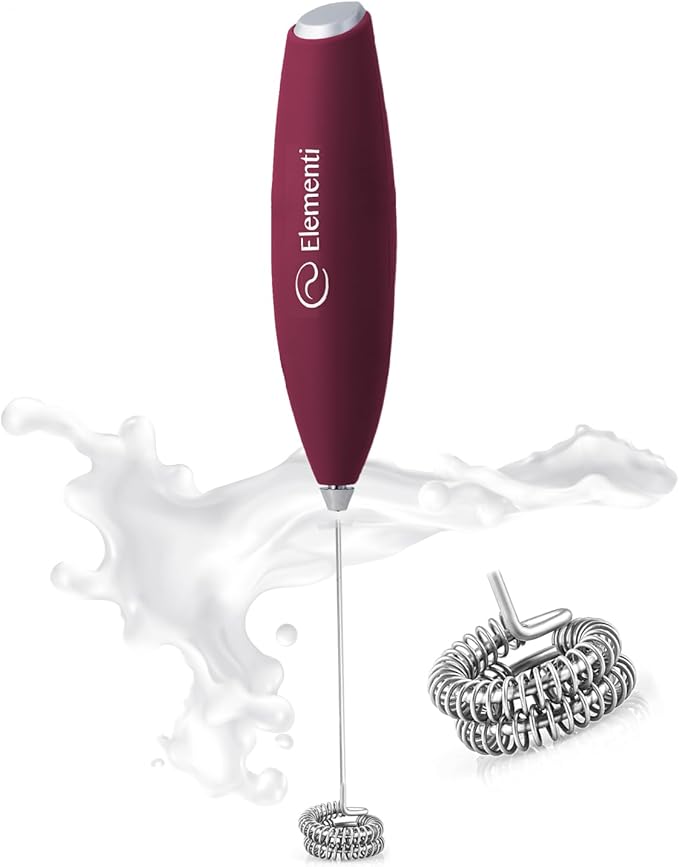 Elementi Milk Frother Wand - Easy to Use Handheld Electric Stirrer for Powder Drinks, Durable & Powerful Coffee Whisk & Protein Powder Mixer Wand, Hand Frother, Coffee Stirrers Electric (Burgundy)