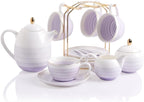 Sweejar Porcelain Tea Sets, 8 OZ Cups & Saucer Service for 4, Teapot Sugar Bowl Cream Pitcher Teaspoons and Tea Strainer for Adult Tea Coffee Afternoon Party (Purple)