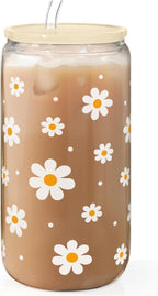 Daisy 16 Oz Can Glass Tumbler with Acrylic Lid and Straw - Iced Coffee Cups for Women, Aesthetic Glass Cup Gift for Birthday Christmas