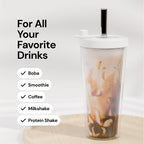 Reusable Boba Cup with Resealable Lid Plug - 17 Oz Double Wall Insulated | Smoothie Tumbler | Wide Stainless Steel Straw For Bubble Tea, Boba Pearls - White