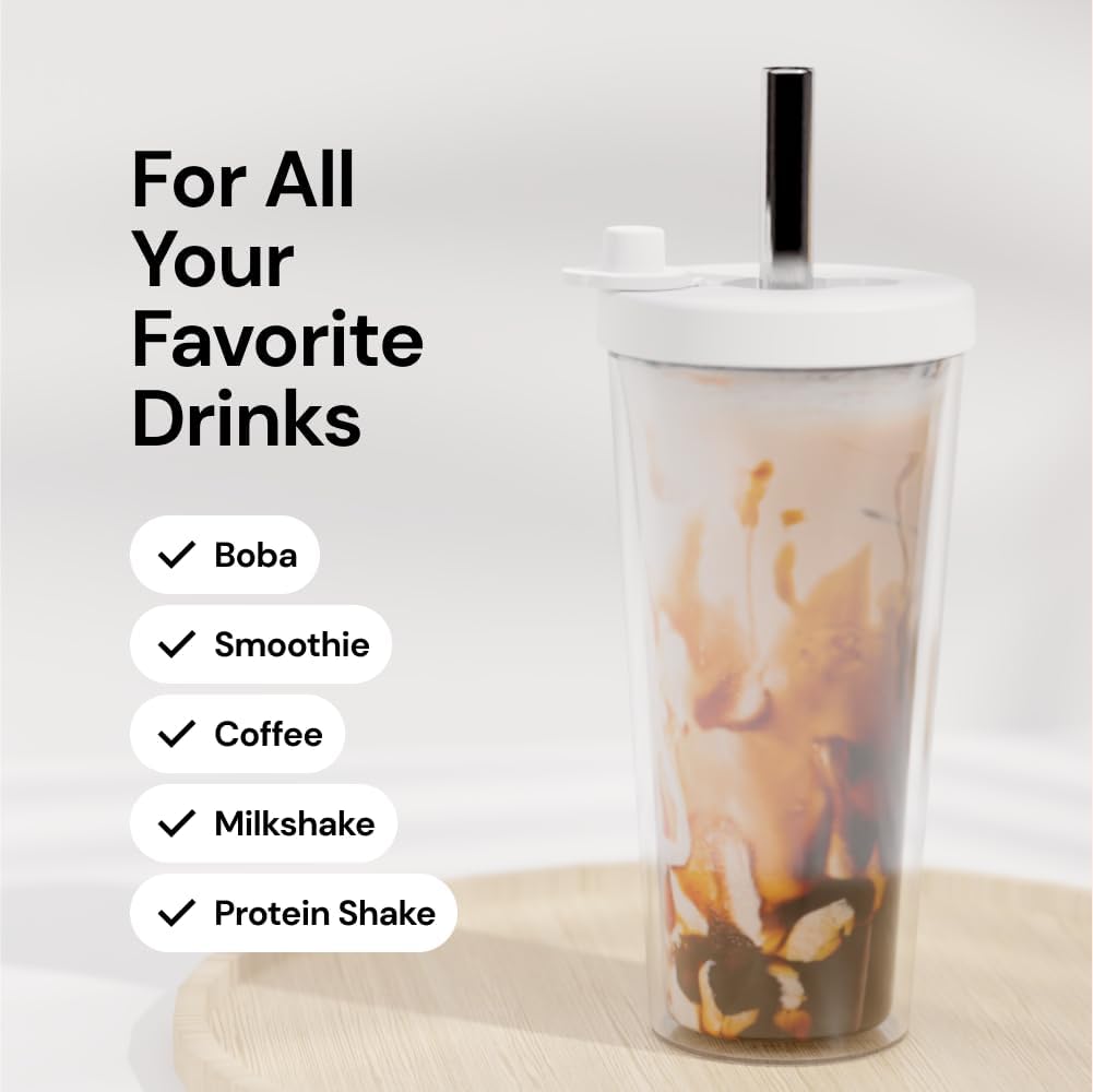 Reusable Boba Cup with Resealable Lid Plug - 17 Oz Double Wall Insulated | Smoothie Tumbler | Wide Stainless Steel Straw For Bubble Tea, Boba Pearls - White