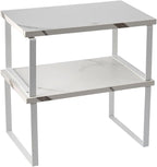 Cabinet Organizer Shelf, Set of 2 Expandable Kitchen Countertop Shelves with Spice Rack - Stackable Storage in Metal and Wood15.7 inches (White)