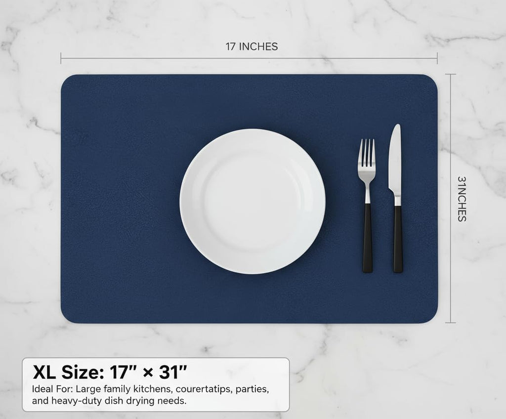 Dish Drying Mat Super Absorbent – 17" x 31" Coffee Mat for Countertops – Non-Slip Drying Mat for Kitchen Counter – Easy to Clean Water Absorbent Mat – XLarge Dish Drying Mats (Navy Blue)