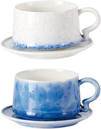 KAMMAK Tea Cups and Saucers set of 2, Porcelain Coffee Cups, 7.5oz Crystalline Glaze Espresso Mugs, Ceramic Demitasse for Coffee, Cappuccino, Latte, Americano, Tea (Dark Blue and White Blue)