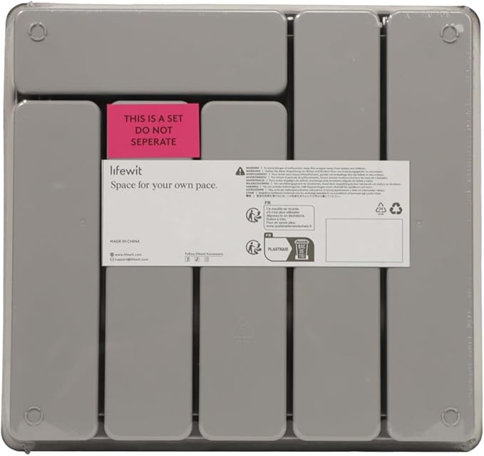 Lifewit Silverware Organizer with Lid, Covered Utensil Tray for Kitchen Drawer and Countertop, Plastic Cutlery and Flatware Storage Box for Spoons Forks Knives Holder Case, 6 Compartments, Gray