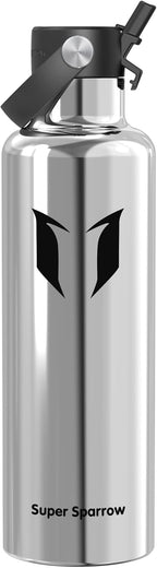 Super Sparrow Insulated Water Bottle - 17 Oz / 25 Oz / 32 Oz - Standard Mouth FlipFlow Flask - BPA Free, Leak Proof Drink Bottle- Ergonomic Straw Water Bottles for Work, Gym, Travel, Sports