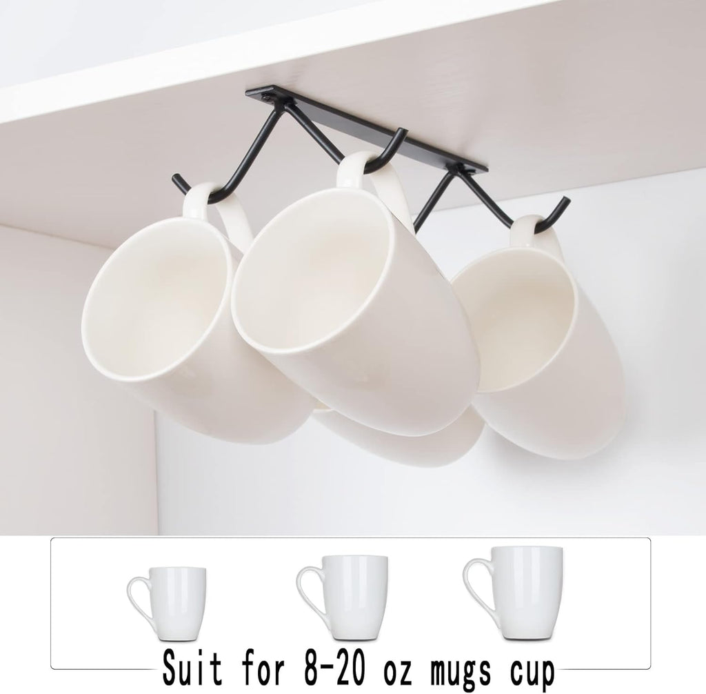 Cabinet Hook Mug Holder - Hanging Coffee Cup Rack for Kitchen, Under Cabinets Metal Hangers Organizer Shelf Storage Utensil （Black）