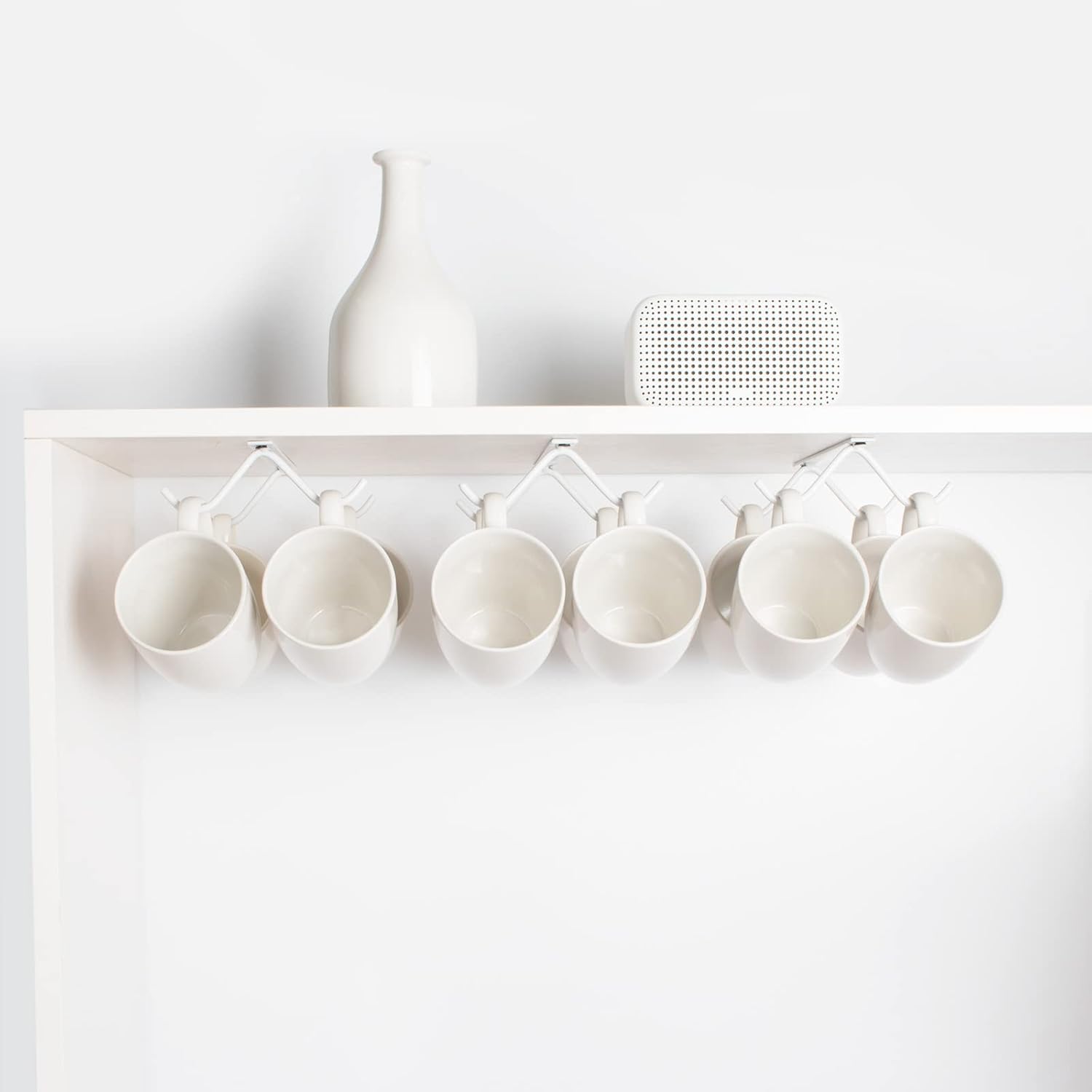 Cabinet Hook Mug Holder - Hanging Coffee Cup Rack for Kitchen, Under Cabinets Metal Hangers Organizer Shelf Storage Utensil (White)