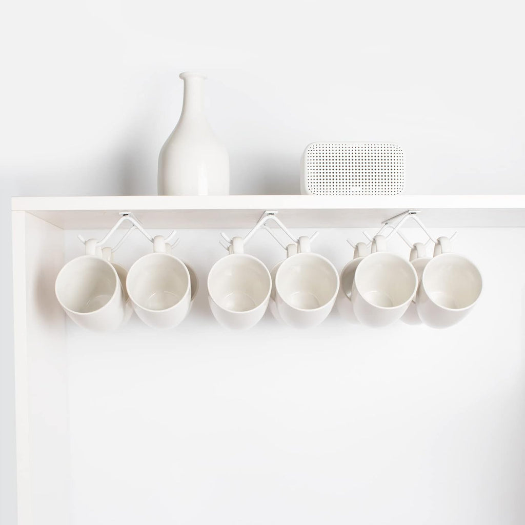 Cabinet Hook Mug Holder - Hanging Coffee Cup Rack for Kitchen, Under Cabinets Metal Hangers Organizer Shelf Storage Utensil (White)