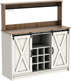 4ever2buy Farmhouse Coffee Bar Cabinet with 6 Hooks, 47'' Kitchen Coffee Bar with Hutch and 9 Wine Racks, White Sideboard Buffet with Sliding Barn Door for Dining Living Room