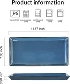 KOOV Ceramic Serving Tray, 14 Inches Large Serving Platter, Rectangular Serving Tray, Porcelain Serving Plates, Ceramic Serving Dishes for Dinner, Party, Sushi, Dessert, Food, Set of 4 (Stone Blue)