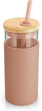 Tronco Glass Tumbler with Lid & Straw - Iced Coffee Cup & Smoothie Cup With Silicone Sleeve | BPA-Free, Dishwasher Safe | Reusable Glass Cups with Bamboo Lids and Straws