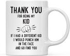 Andaz Press Funny Family 11oz. Coffee Mug Gift, Thank You for Being My Kid, Punch in Face, 1-Pack, Christmas Birthday Drinking Cup Present Ideas