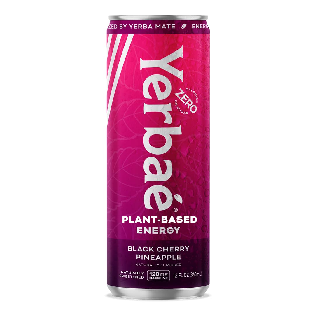 Yerbaé Energy Beverage, Black Cherry Pineapple, 120mg Caffeine. No Sugar/Calories/Carbs, Energized by Yerba Mate, Plant-Based, Healthy Alternative to Sugary Drinks, Pack of 12, 12oz cans