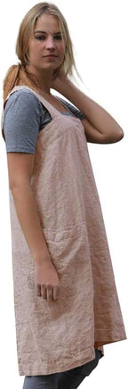 Women's Pinafore Square Apron Baking Cooking Gardening Works Cross Back Cotton/Linen Blend Dress with 2 Pockets