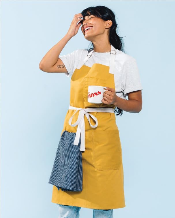 Caldo Daily Cotton Kitchen Apron for Cooking- Mens and Womens Professional Chef or Server Bib Apron - Adjustable Straps with Pockets and Towel Loop (Mustard)