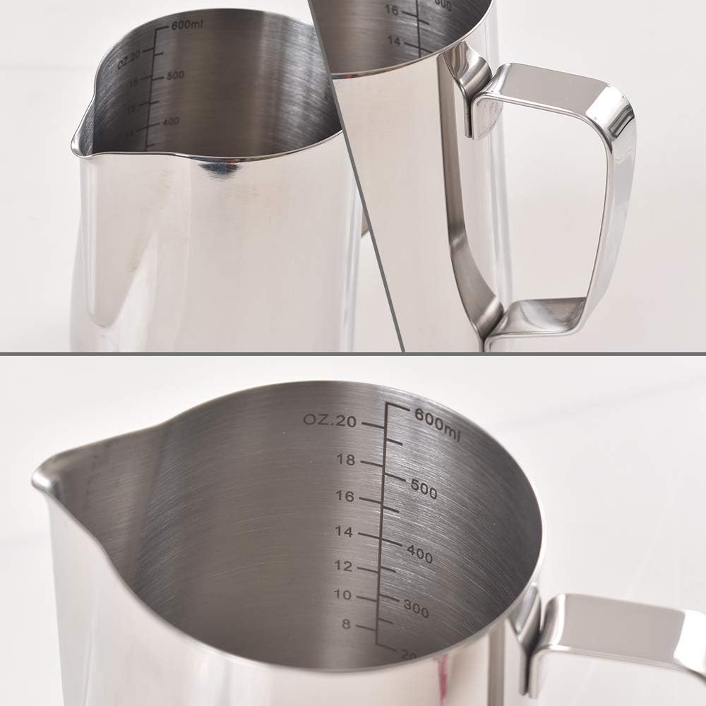 homEdge Espresso Steaming Pitchers 20 OZ / 600ml, Stainless Steel Frothing Pitcher with Measurement Scale