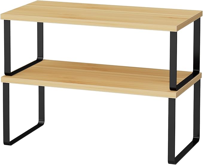 Cabinet Shelf Organizers, 15.7 inches Large Kitchen Counter Shelf, Set of 2 Wood Kitchen Pantry Organizer, Storage Shelves for Countertop, Spice Rack, Stackable, Expandable, Metal Black, Nature