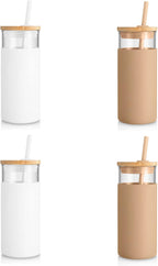 Tronco 20 oz Glass Tumbler Glass Water Bottle Straw Silicone Protective Sleeve Bamboo Lid - BPA Free -White Amber/ 4 Pack