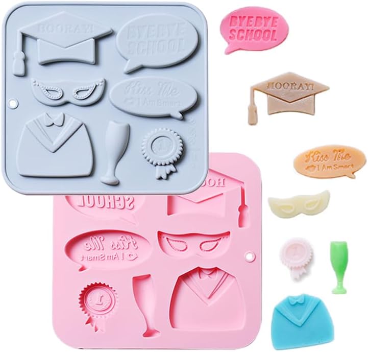 Graduation Chocolate Mold Set - Silicone Baking Molds with Cap, Gown, Champagne Flute & Diploma Phrases, Reusable Food-Grade for Commencement Cakes, Cupcakes & Party Treats - 2 Pack