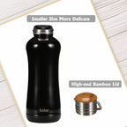 YOHKOH Mini Insulated Water Bottle With Bamboo Lid - 11.8oz Small Vacuum Insulated Water Bottle for Women Kids, 12 Hrs Hot & 24 Hrs Cold Stainless Steel Thermos Leak-Proof BPA-Free (11.8oz,Black)