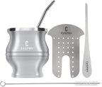 Yerba Mate Cup - Mate Gourd Set Includes Double Walled Stainless Steel Tea Cup, Tea Shaper set, Bombilla Straws, Cleaning Brush (Silver)