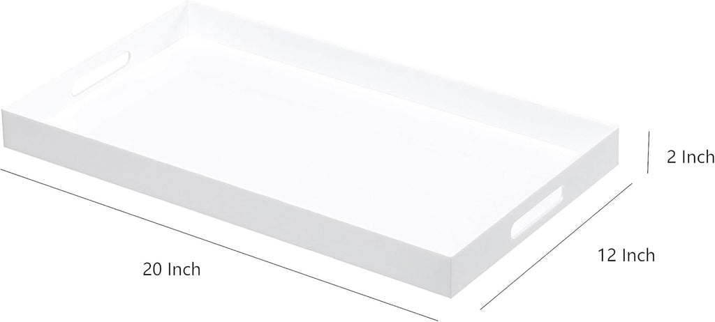 Glossy White Sturdy Acrylic Serving Tray with Handles-12x20Inch-Serving Coffee,Appetizer,Breakfast,Butler-Kitchen Countertop Tray-Makeup Drawer Organizer-Vanity Table,Ottoman Tray-Decorative