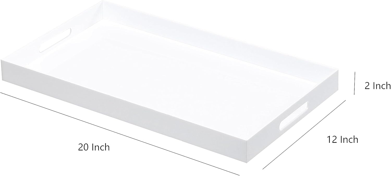 Glossy White Sturdy Acrylic Serving Tray with Handles-12x20Inch-Serving Coffee,Appetizer,Breakfast,Butler-Kitchen Countertop Tray-Makeup Drawer Organizer-Vanity Table,Ottoman Tray-Decorative