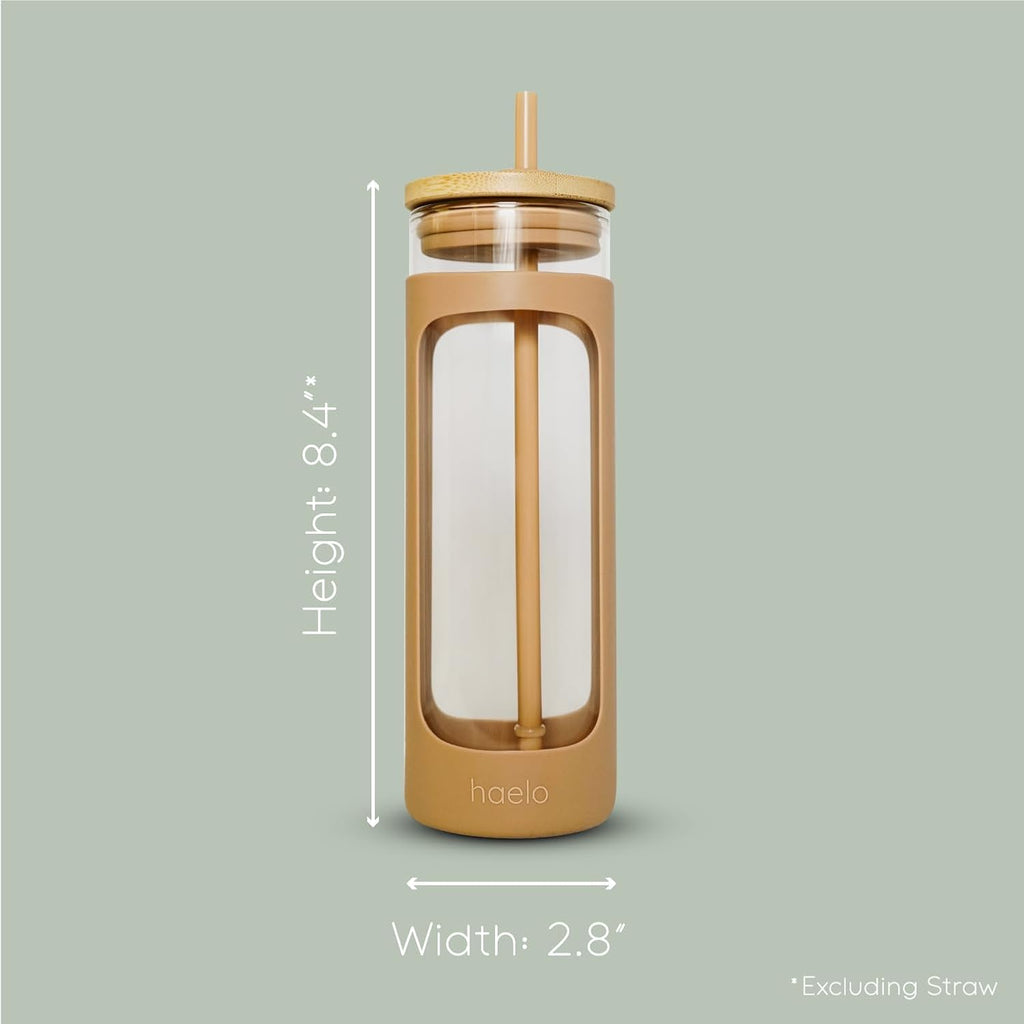 haelo 20oz Glass Tumbler Water Bottle, Iced Coffee Cup with Straw, Silicone Protective Sleeve, Bamboo Lid Reusable BPA Free (White)