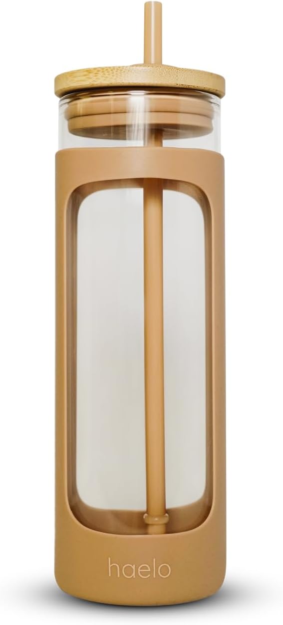 haelo 20oz Glass Tumbler Water Bottle, Iced Coffee Cup with Straw, Silicone Protective Sleeve, Bamboo Lid Reusable BPA Free (Amber)