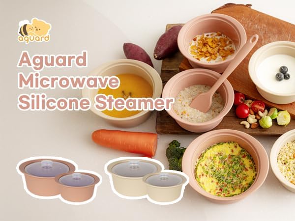 Microwave Silicone Steamer for Baby Food, Made In Korea, Oven & Dishwasher Safe to 482°F, Easy Clean, Microwave Pot with Handle & Lid, 100% Food Grade Steamer Bowl (Terracotta Rose, 550ml + 800ml set)