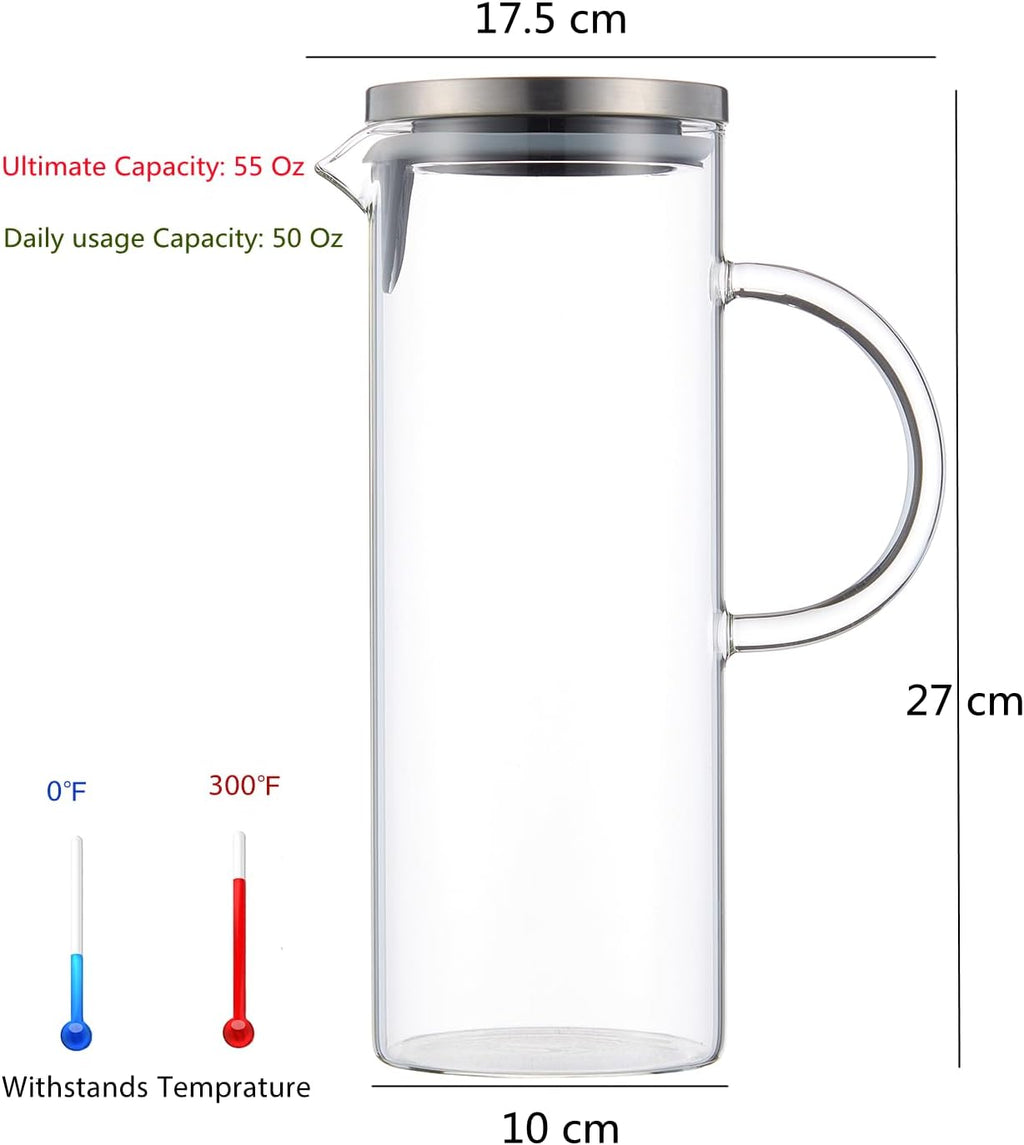 Karafu Pitcher, Glass Pitcher with Handle and Lid, 50 Oz Handmade Water Jug for Hot/Cold Water, Ice Lemon Tea and Juice Beverage