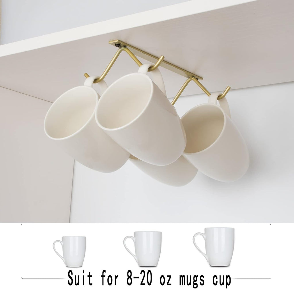 Cabinet Hook Mug Holder - Hanging Coffee Cup Rack for Kitchen, Under Cabinets Metal Hangers Organizer Shelf Storage Utensil (Gold)