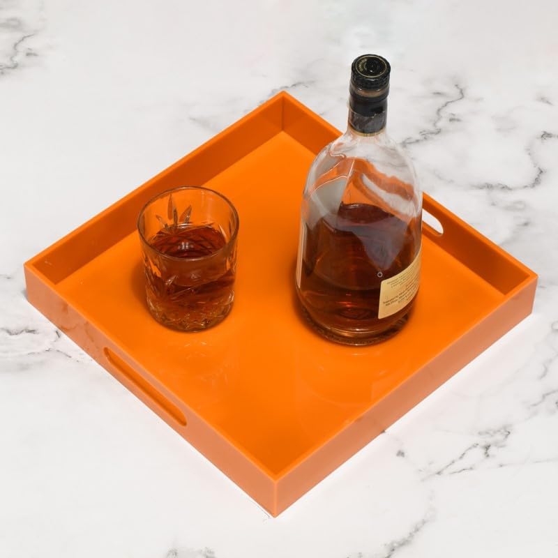 Orange Sturdy Acrylic Serving Tray with Handles-12x12Inch-Serving Coffee,Food,Breakfast,Butler-Kitchen Countertop Tray-Makeup Drawer Organizer-Vanity Table,Ottoman Tray-Decorative Tray