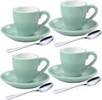 homEdge Porcelain Espresso Shot Cup Set with Saucers and Stainless Steel Spoons - 80 ml / 2.67 oz, Set of 4, Mint Green