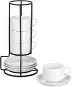 YOLIFE 2.5oz Porcelain Stackable Espresso Cups with Saucers and Metal Stand Set of 4, Stackable Cappuccino Cups, White Expresso Shots Cup Set for Coffee Drinks, Latte, Tea
