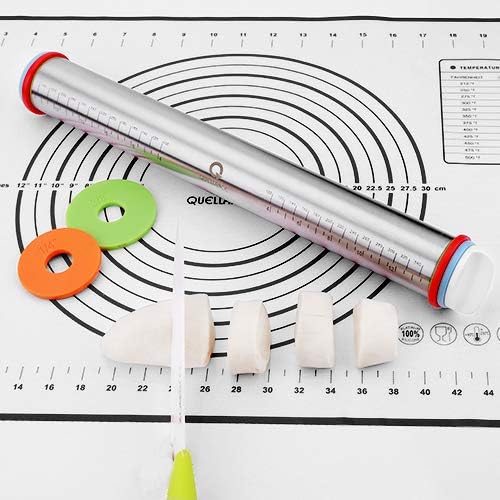 Rolling Pin and Pastry Baking Mat Set, Rolling Pins with Adjustable Thickness Rings, Stainless Steel Dough Roller for Baking Fondant, Pizza, Pie, Pastry, Pasta, Cookies (Black Mat)