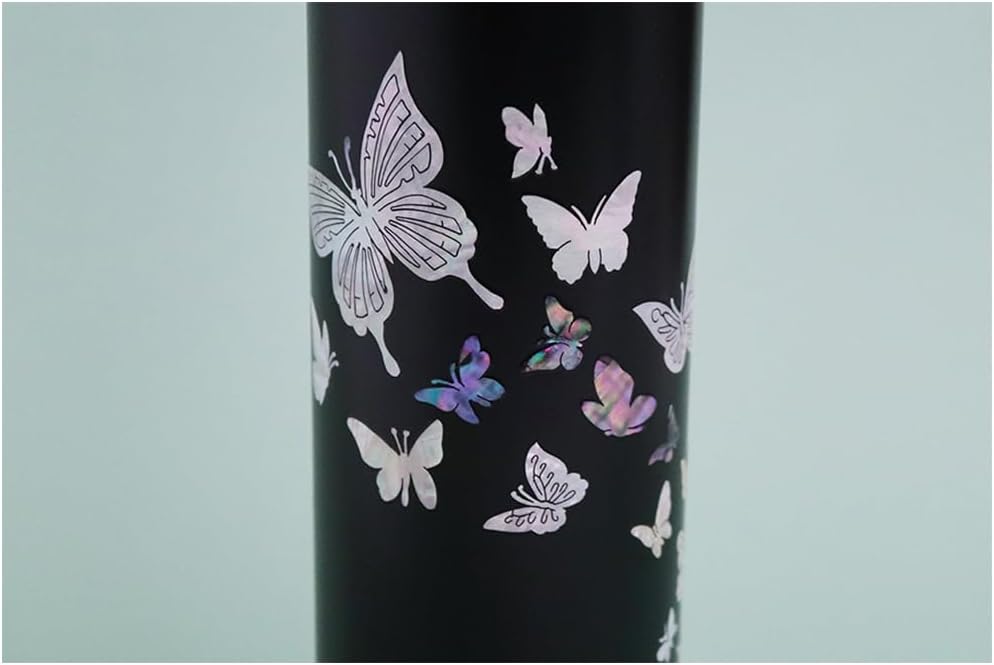 Mother of Pearl Design Stainless Steel Water Bottle with Tea Infuser Strainer 17 oz Leakproof Screw Cap Wide Mouth Double Wall Vacuum Insulated Travel Sport Water Flask Thermo Mug (Butterfly Black)