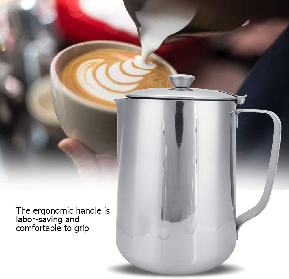 Stainless Steel Coffee Steaming Pitcher - Milk Frothing Cup with Lid for Espresso Machine - Latte Coffee Art (600mL)