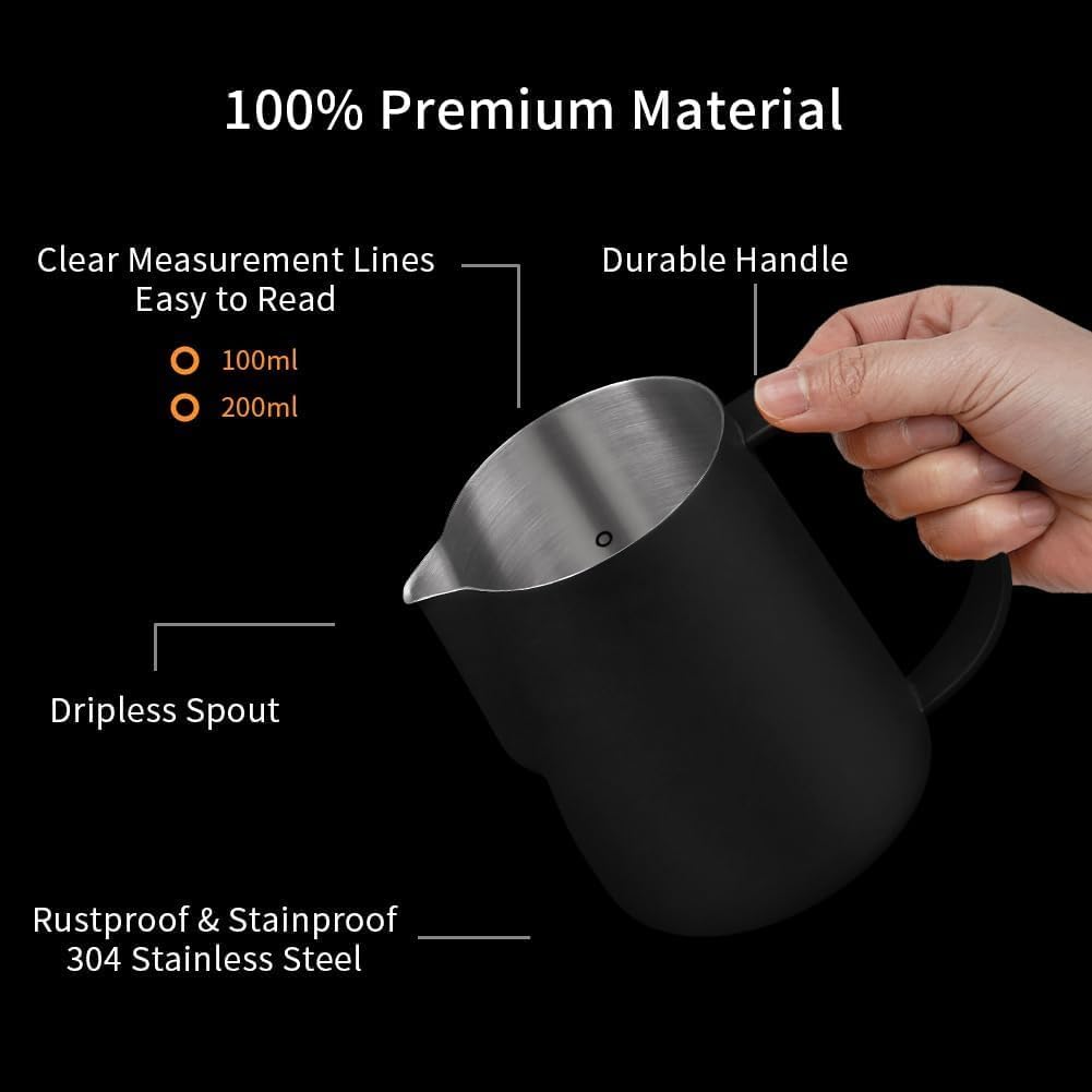 watchget Milk Frothing Pitcher 250ml/8oz Stainless Steel Espresso Steaming Pitcher Milk Coffee Cappuccino Latte Art Barista Steam Pitcher Milk Frothing Jug, Black