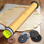 Rolling Pin with Adjustable Thickness Ring and Silicone Baking Mat for Baking, Fondant,Pizza,Pie,Cookies,Pastries,13.6"Wooden Rolling Pin Dough Roller with 4 Multi-Color Thickness Rings