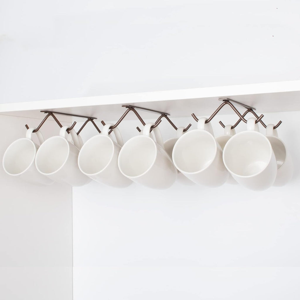Cabinet Hook Mug Holder - Hanging Coffee Cup Rack for Kitchen, Under Cabinets Metal Hangers Organizer Shelf Storage Utensil (Brown)