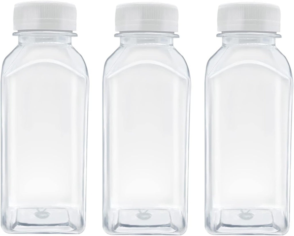 3 Pcs 8 Ounce Plastic Juice Bottles, Reusable Bulk Beverage Containers for Juice, Milk and Other Beverages, White lid