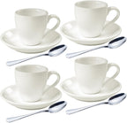 homEdge Porcelain Espresso Shot Cup Set with Saucers and Stainless Steel Spoons - 80 ml / 2.67 oz, Set of 4, White
