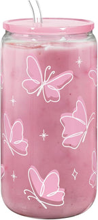 Butterfly 16 Oz Can Glass Tumbler with Acrylic Lid and Straw - Iced Coffee Cups for Women, Aesthetic Glass Cup Gift for Birthday Christmas